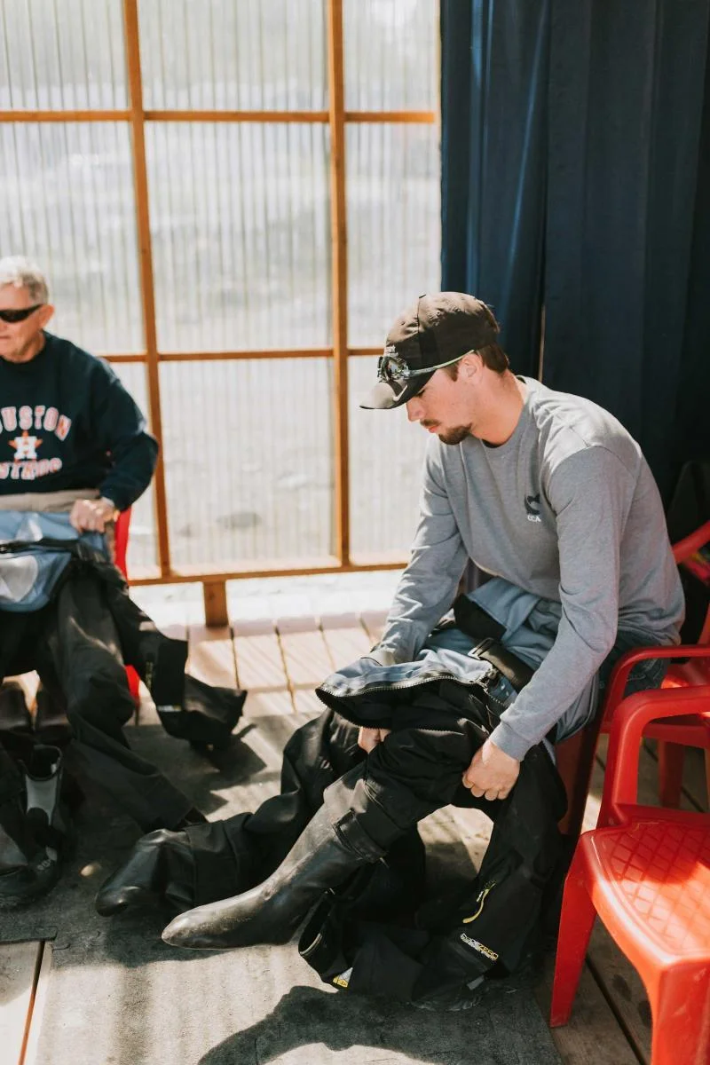 Men putting on dry suits